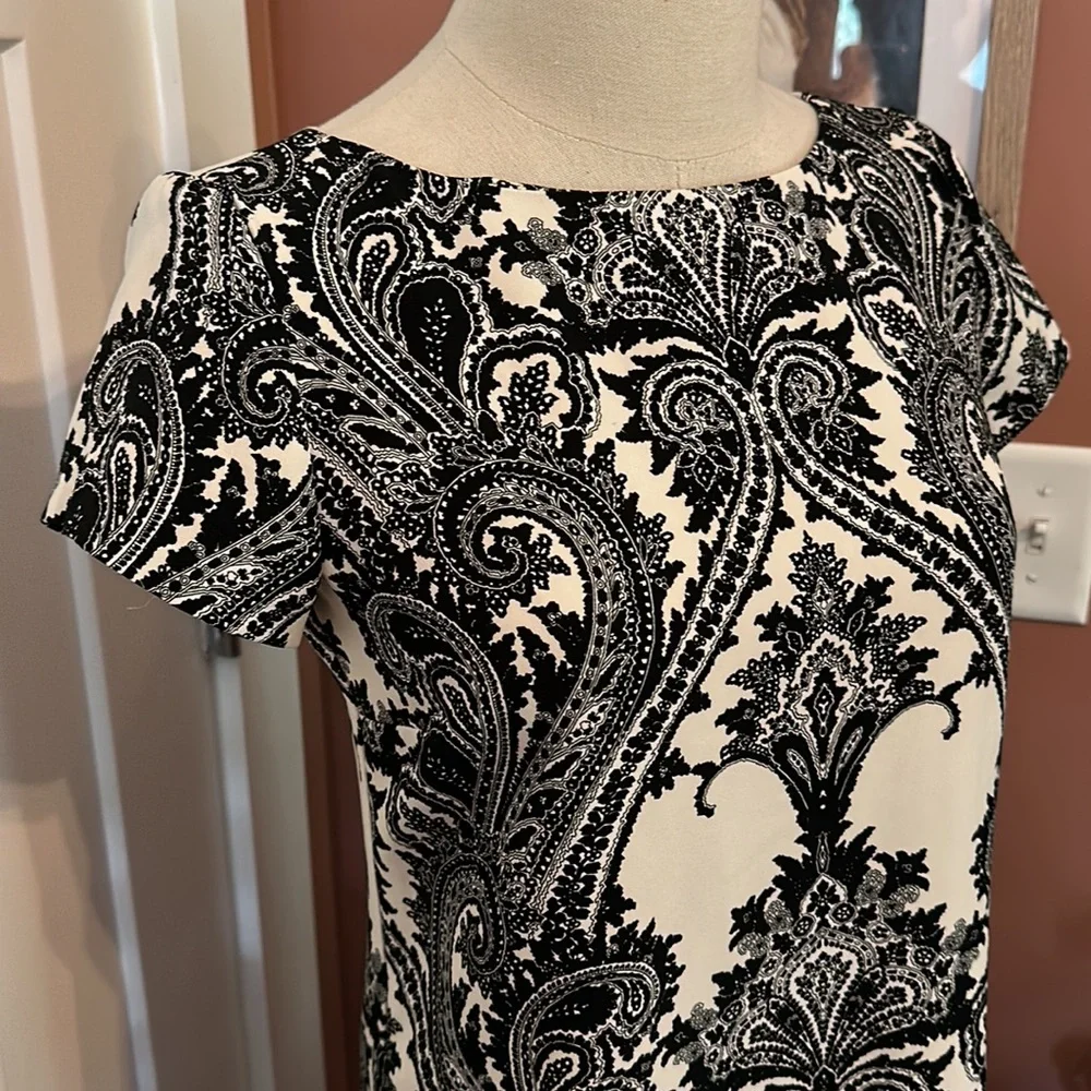 Zara Woman | black & cream | damask | mini | short capped sleeves | XS | dress